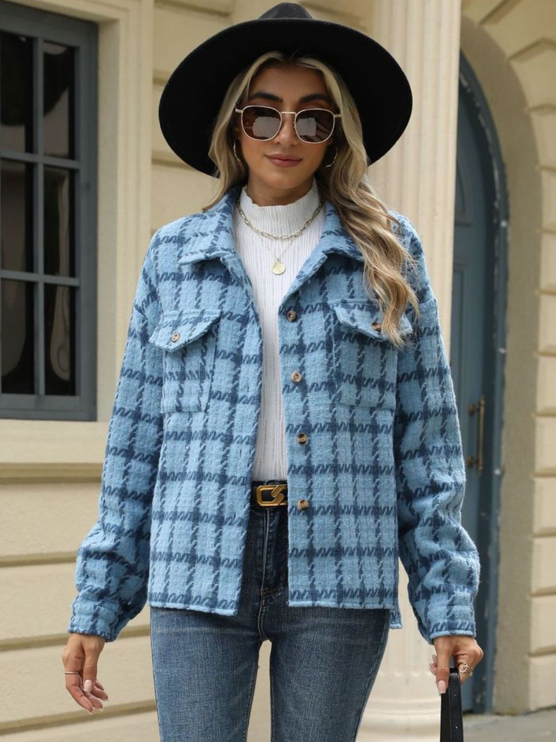 Plaid Collared Neck Long Sleeve Jacket Fashionabl