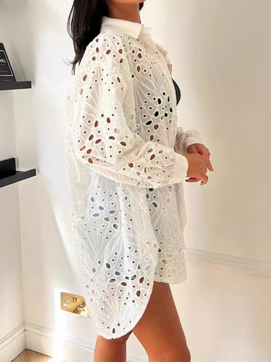 Cutout Collared Neck Long - Sleeve - Shirt