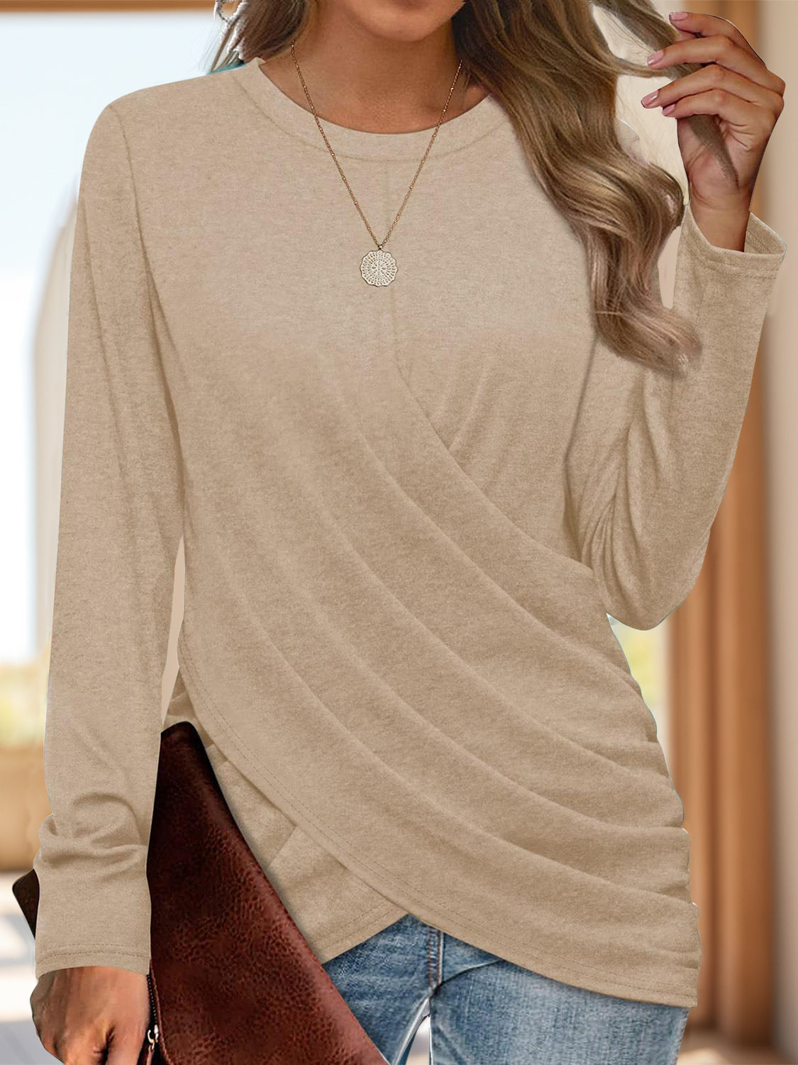 Runched Round Neck Long Sleeve T-Shirt Trendy