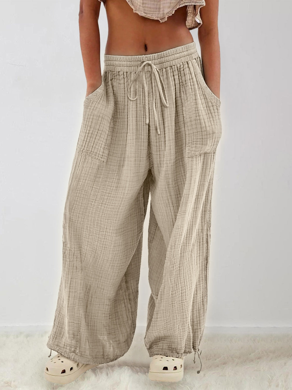 Textured Tied Pants with Pockets-Casual-Fashion