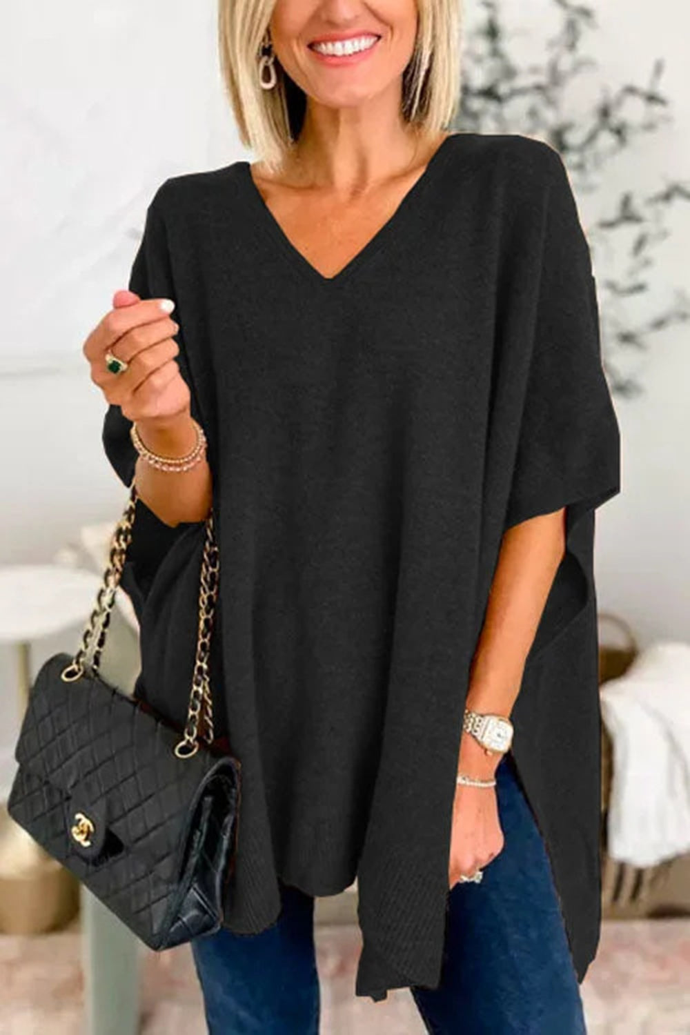 Slit V-Neck Half Sleeve Knit Top-Stylish