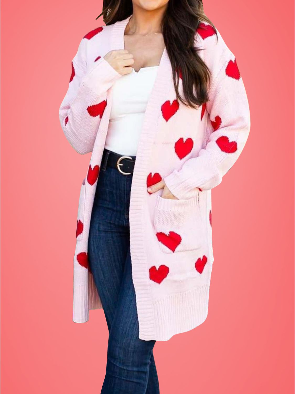Heart Open Front Long Sleeve Cardigan Cozy