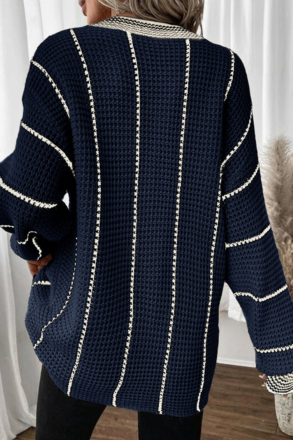 Striped V-Neck Dropped Shoulder Sweater-Fashionable