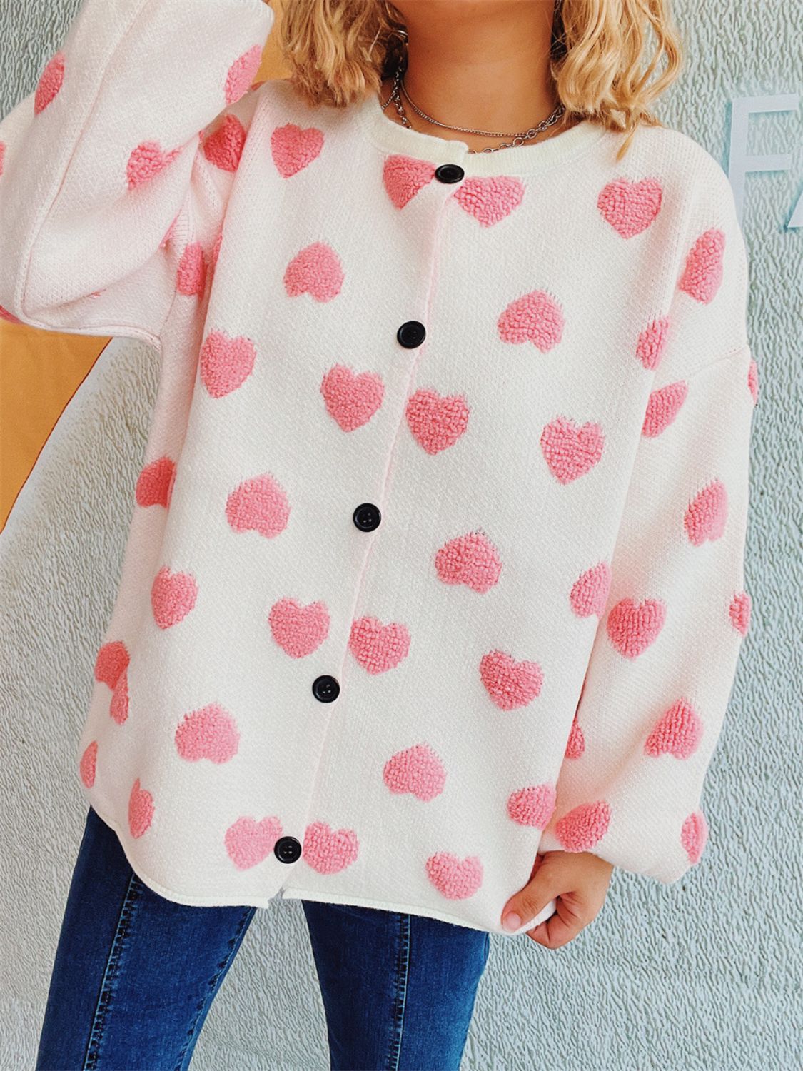 Heart Button Up Long Sleeve Cardigan-Comfortable