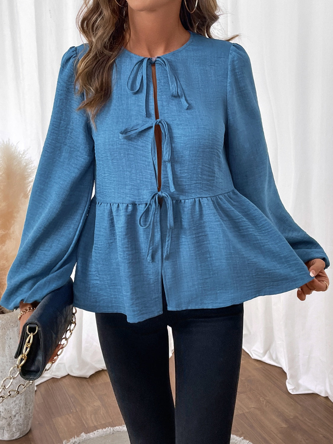 Peplum Tie Neck Balloon Sleeve Blouse-Stylish