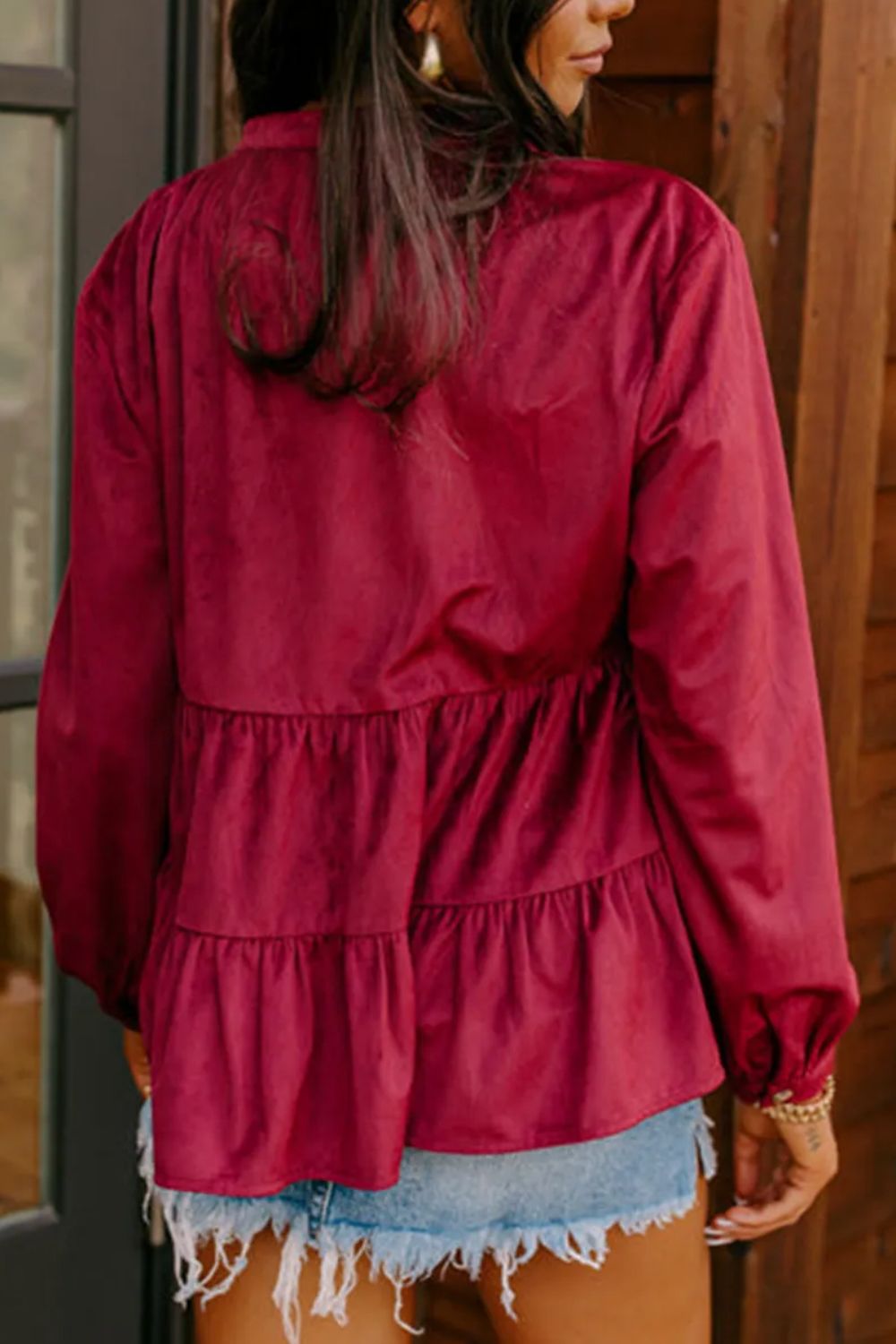 Peplum Round Neck Long Sleeve Shirt - Casual
