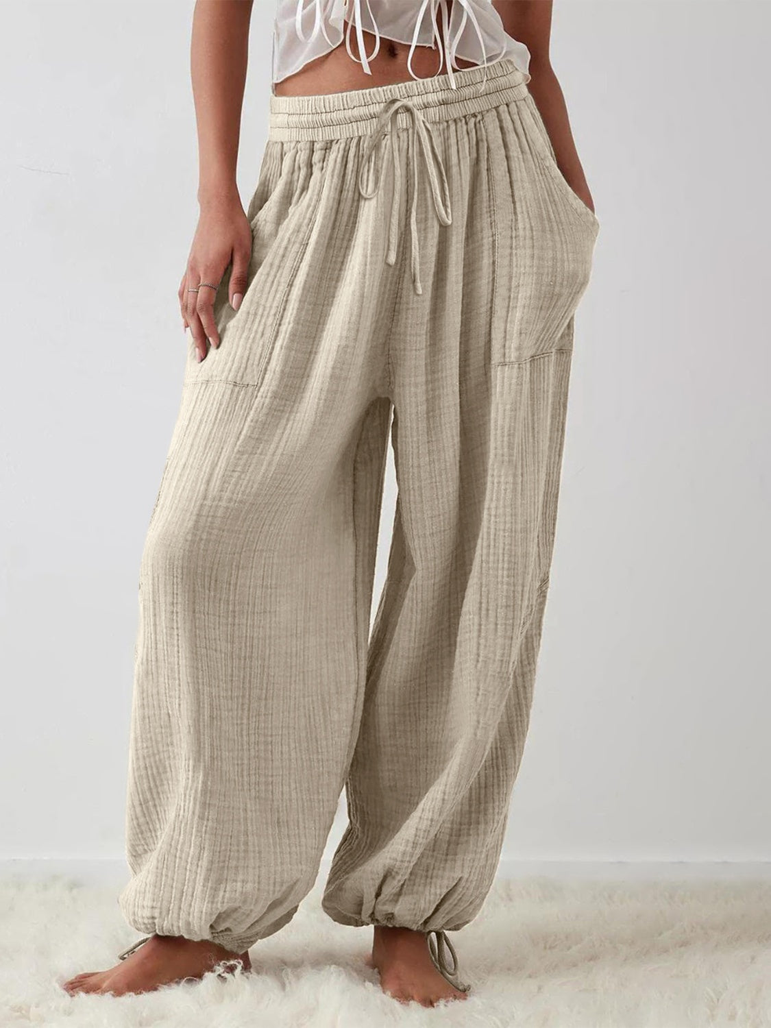 Textured Tied Pants with Pockets-Casual-Fashion