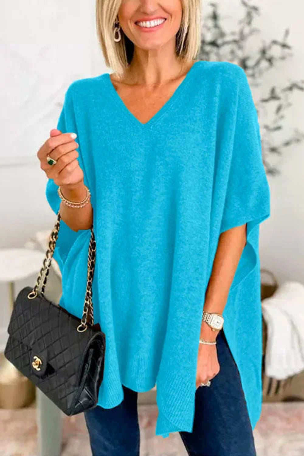 Slit V-Neck Half Sleeve Knit Top-Stylish