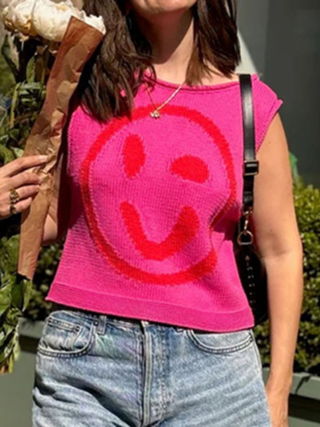 Smiley Round Neck Sweater Vest-Comfortable