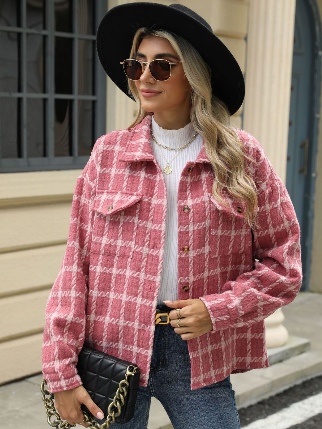 Plaid Collared Neck Long Sleeve Jacket Fashionabl