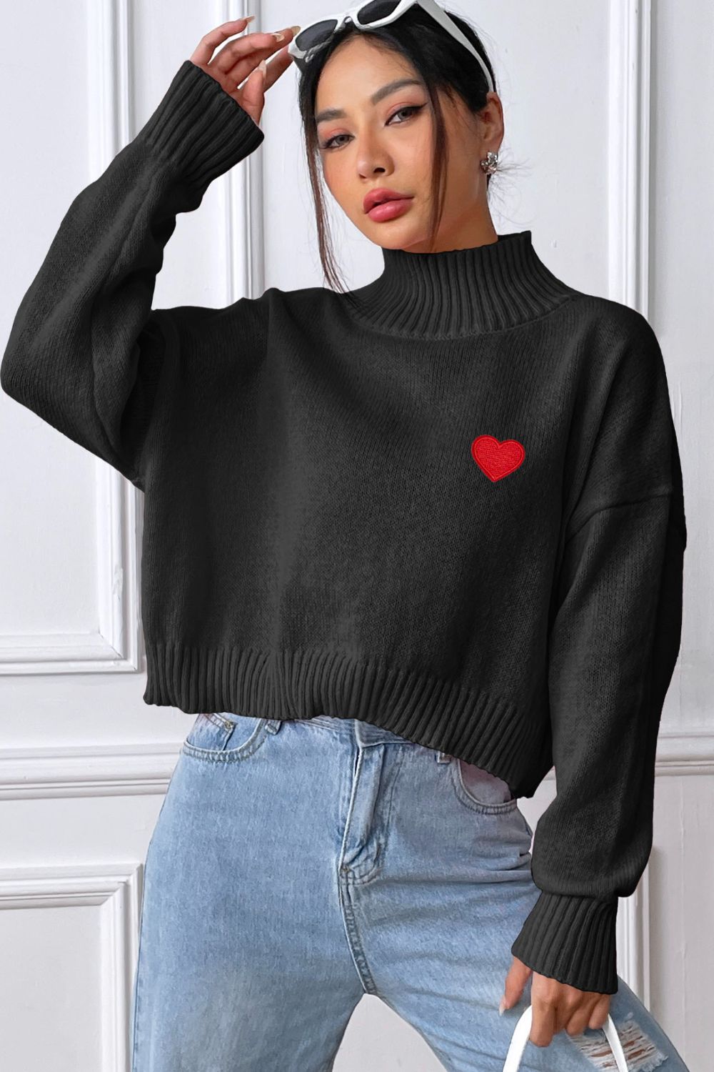 Heart Turtleneck Long Sleeve Sweater-Stylish