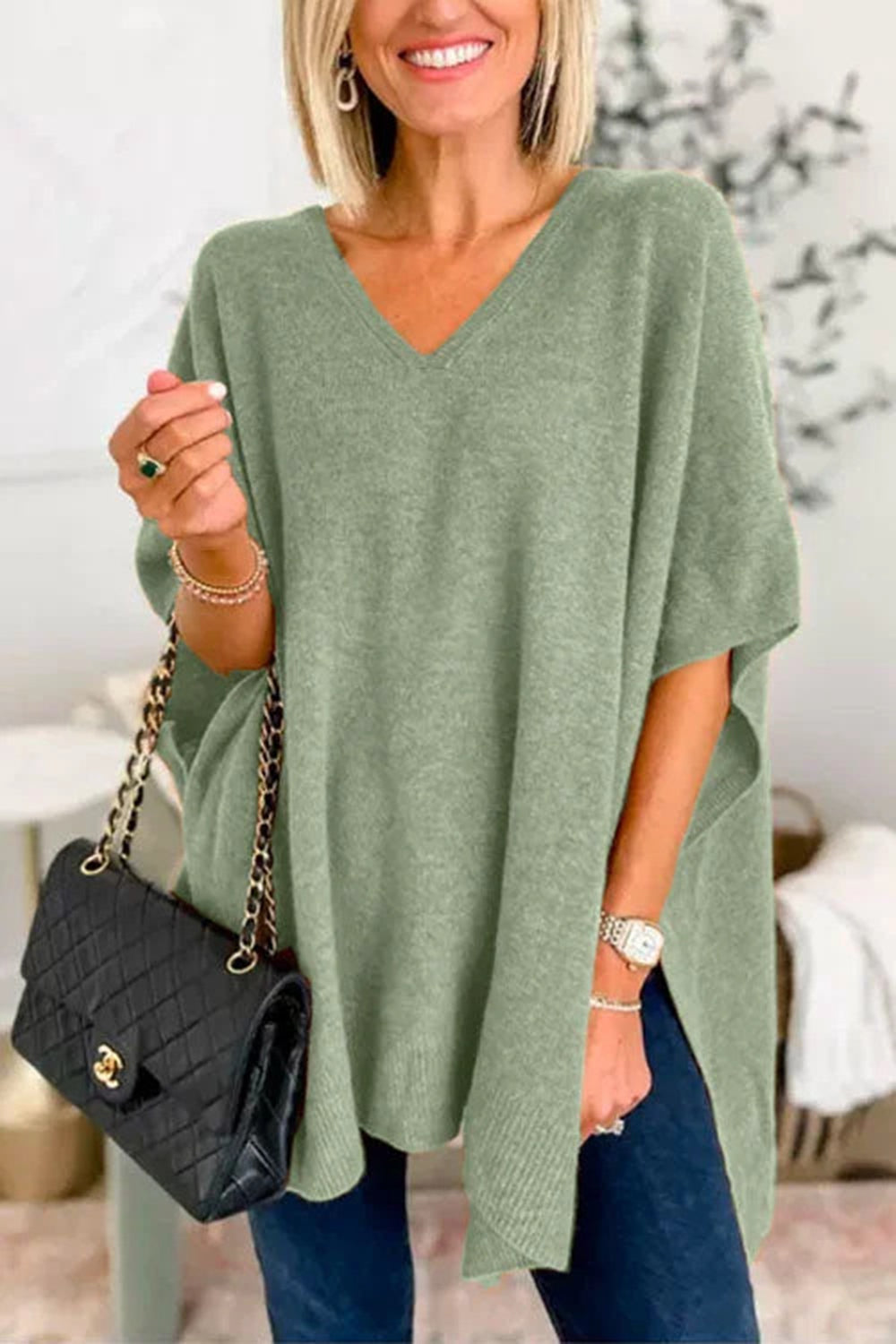 Slit V-Neck Half Sleeve Knit Top-Stylish