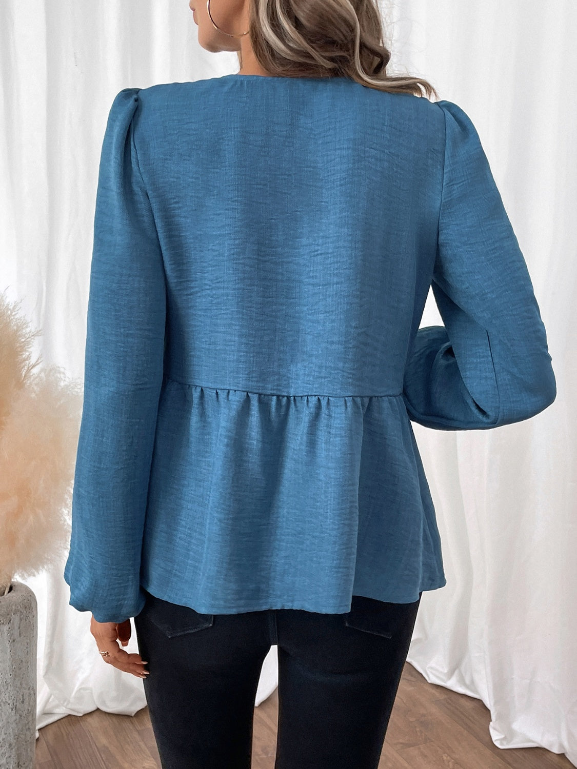 Peplum Tie Neck Balloon Sleeve Blouse-Stylish