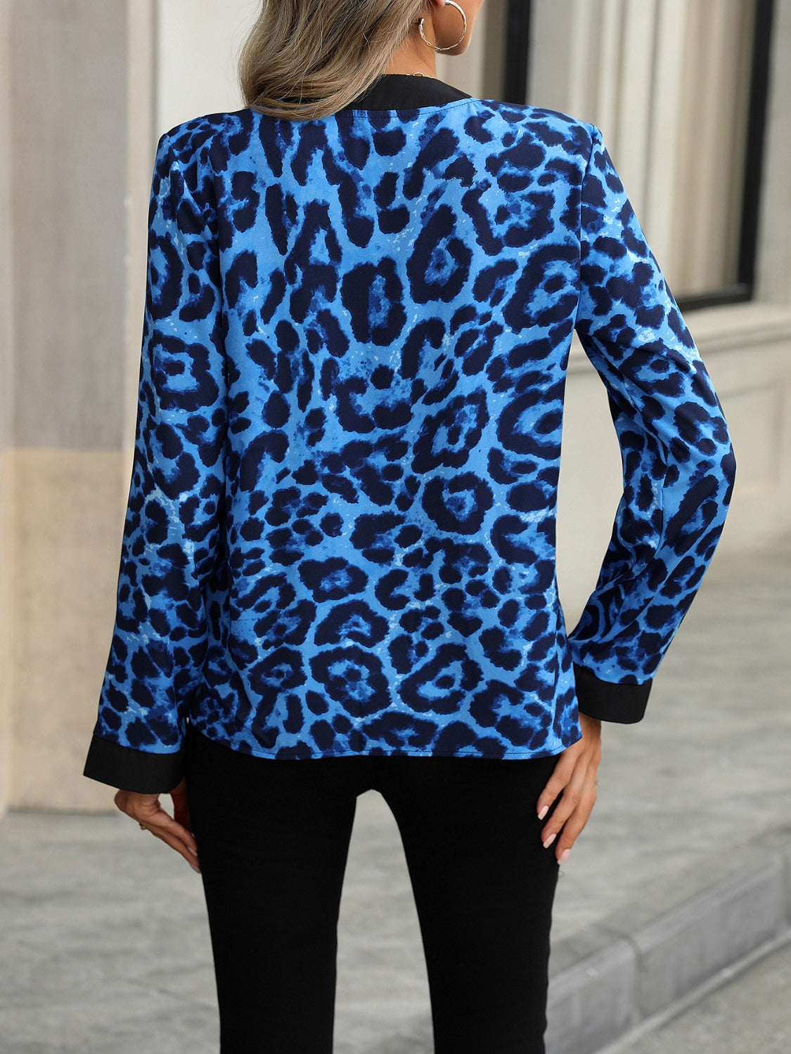 Leopard Notched Long Sleeve Blouse-Stylish