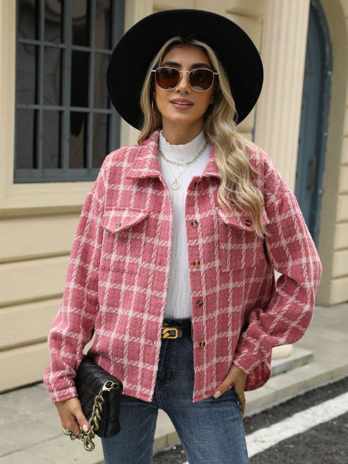 Plaid Collared Neck Long Sleeve Jacket Fashionabl