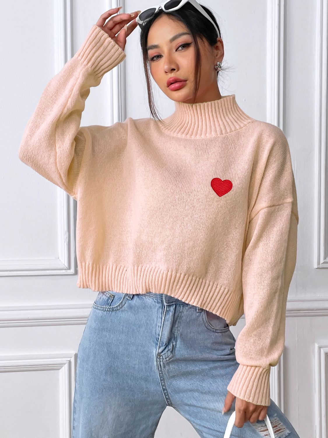 Heart Turtleneck Long Sleeve Sweater-Stylish