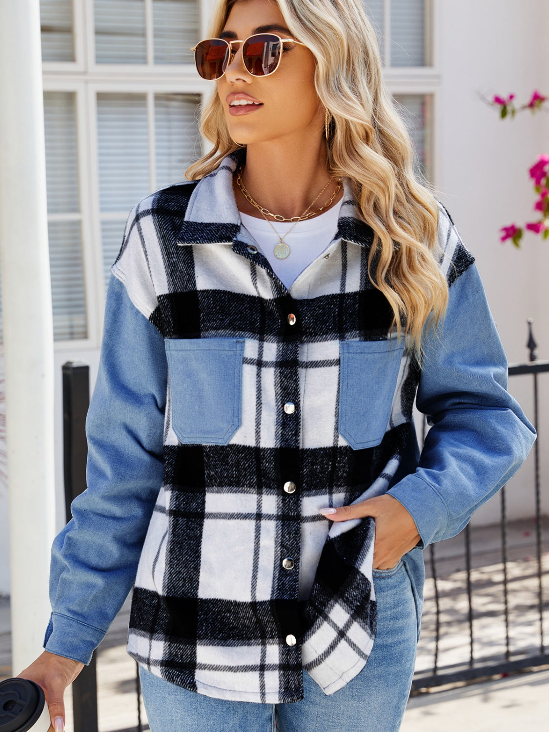 Pocketed Plaid Snap Down Denim Jacket-Trendy