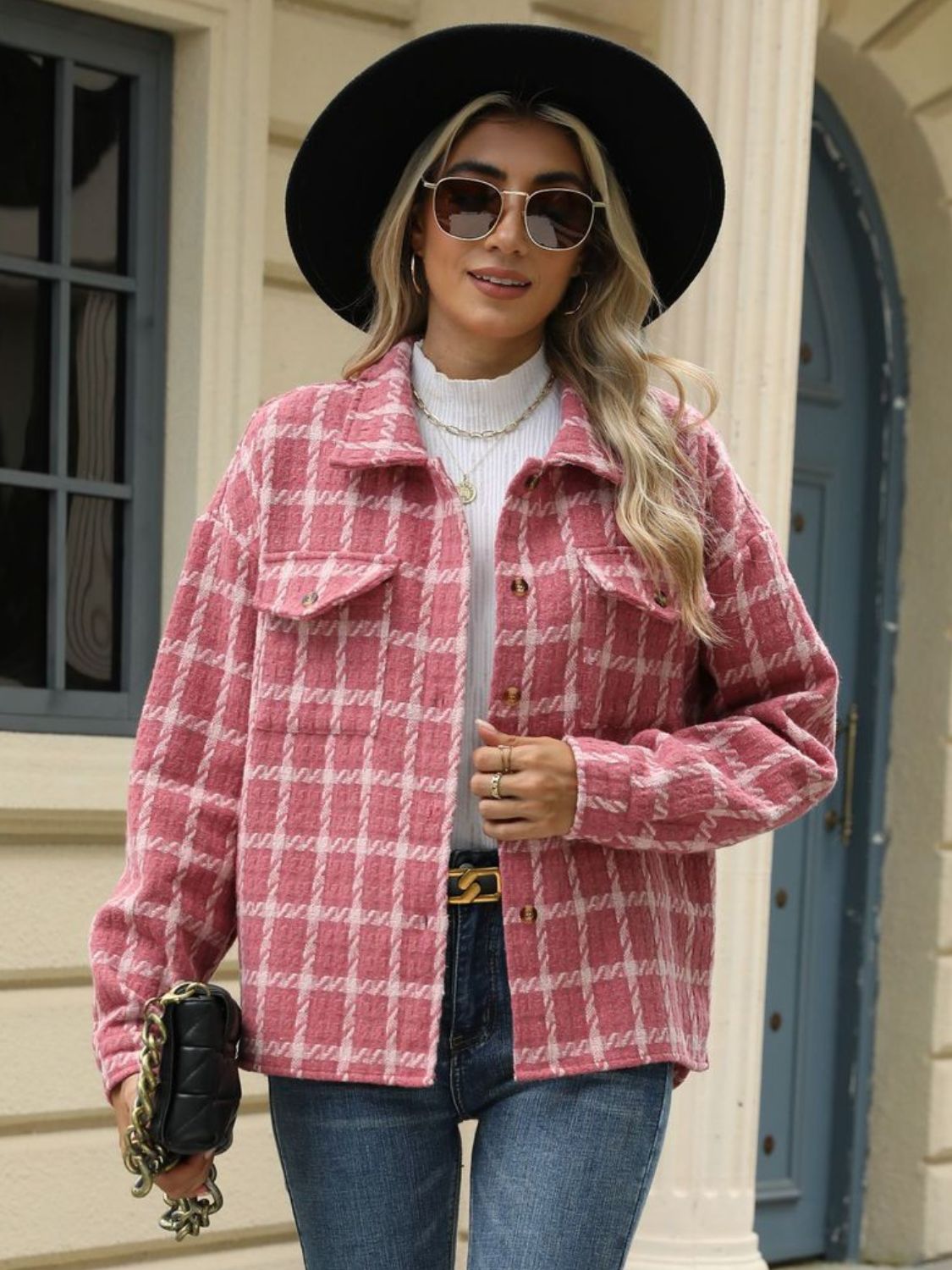 Plaid Collared Neck Long Sleeve Jacket Fashionabl