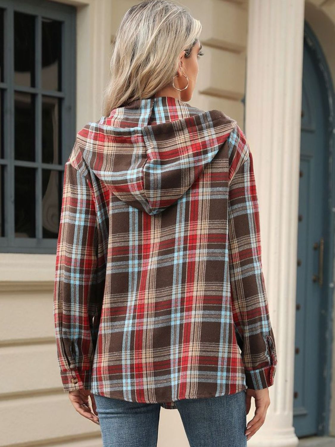 Drawstring Plaid Hooded - Long Sleeve Top