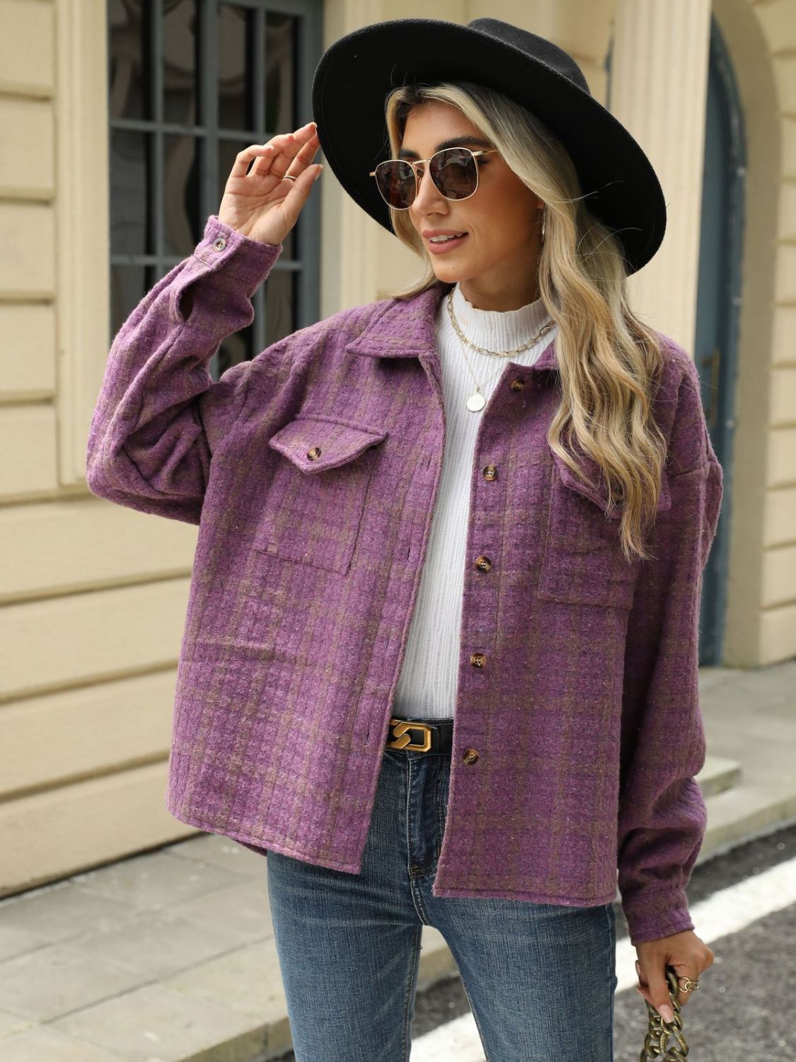 Plaid Collared Neck Long Sleeve Jacket Fashionabl