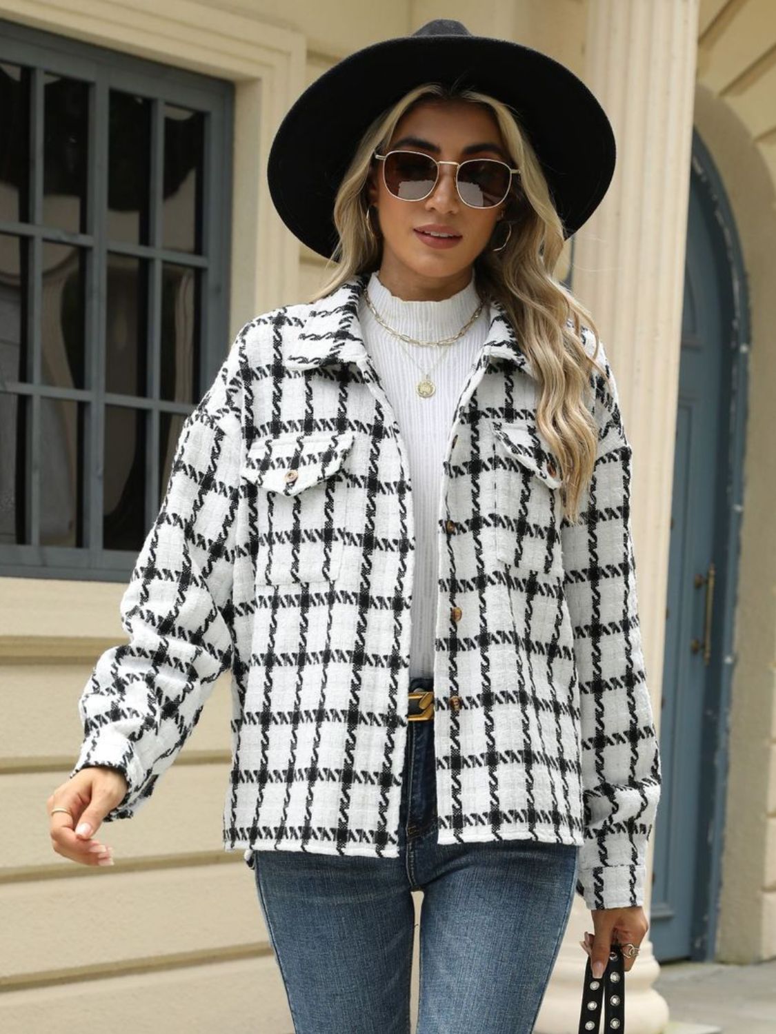Plaid Collared Neck Long Sleeve Jacket Fashionabl