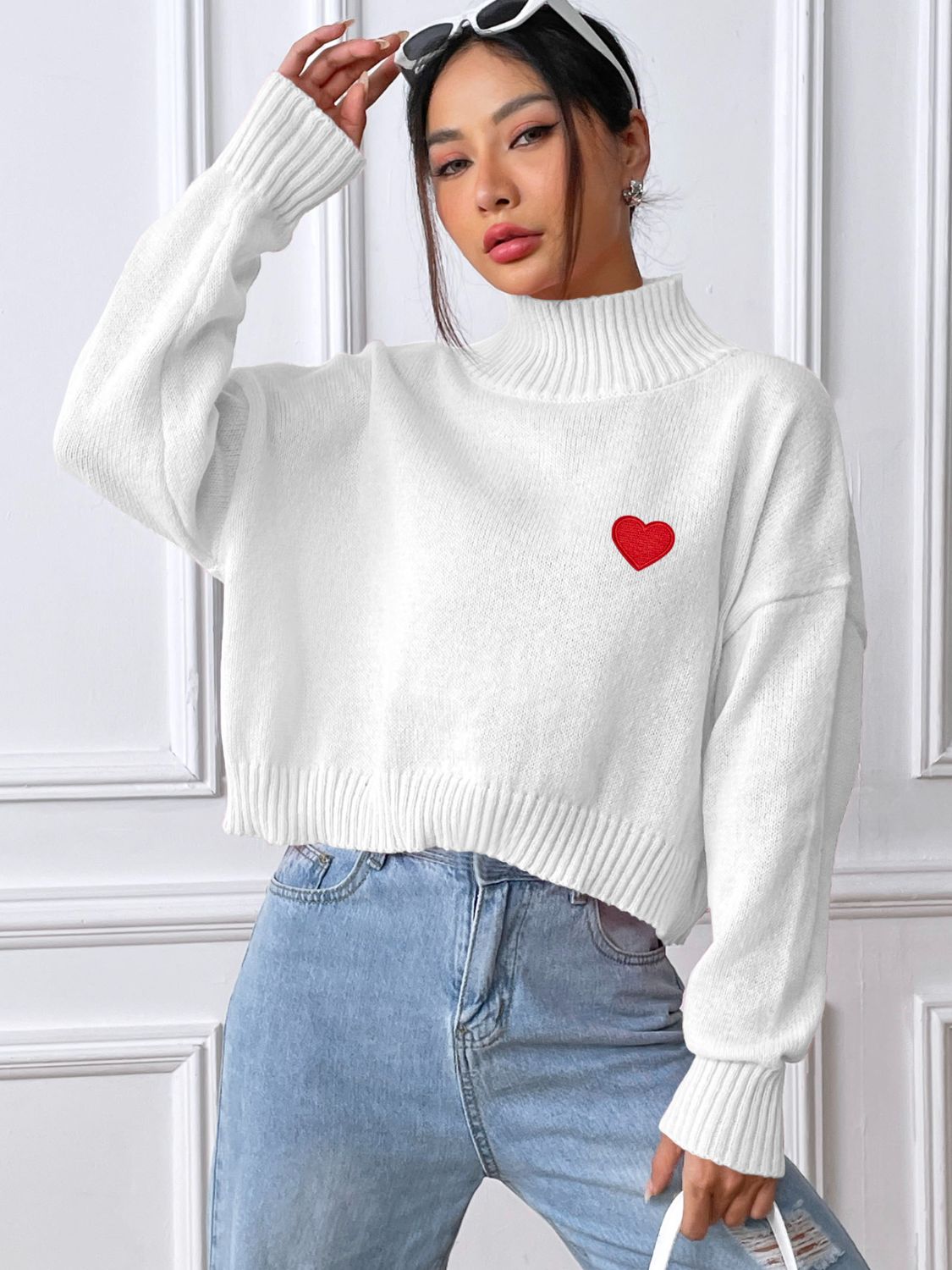Heart Turtleneck Long Sleeve Sweater-Stylish