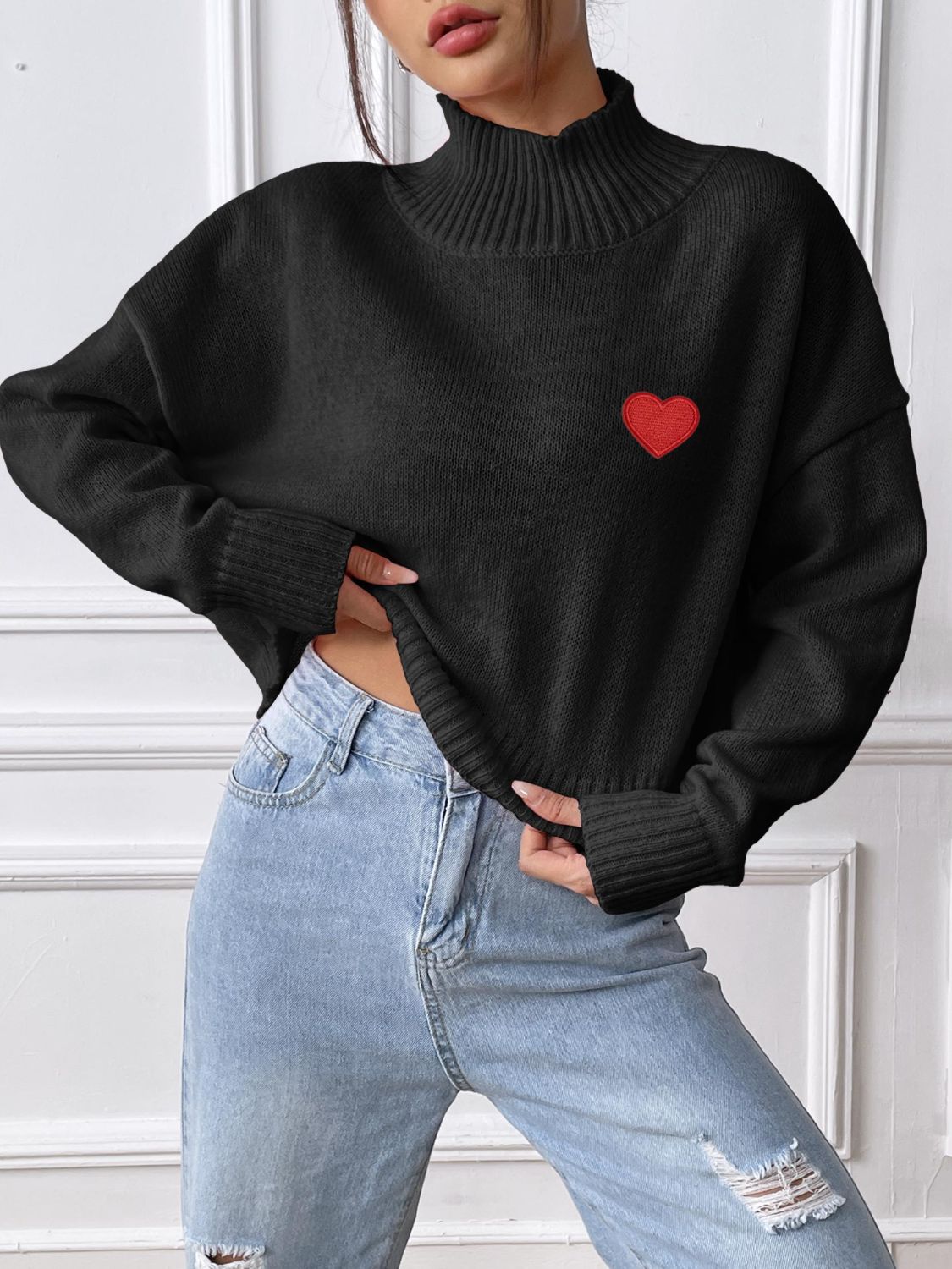 Heart Turtleneck Long Sleeve Sweater-Stylish