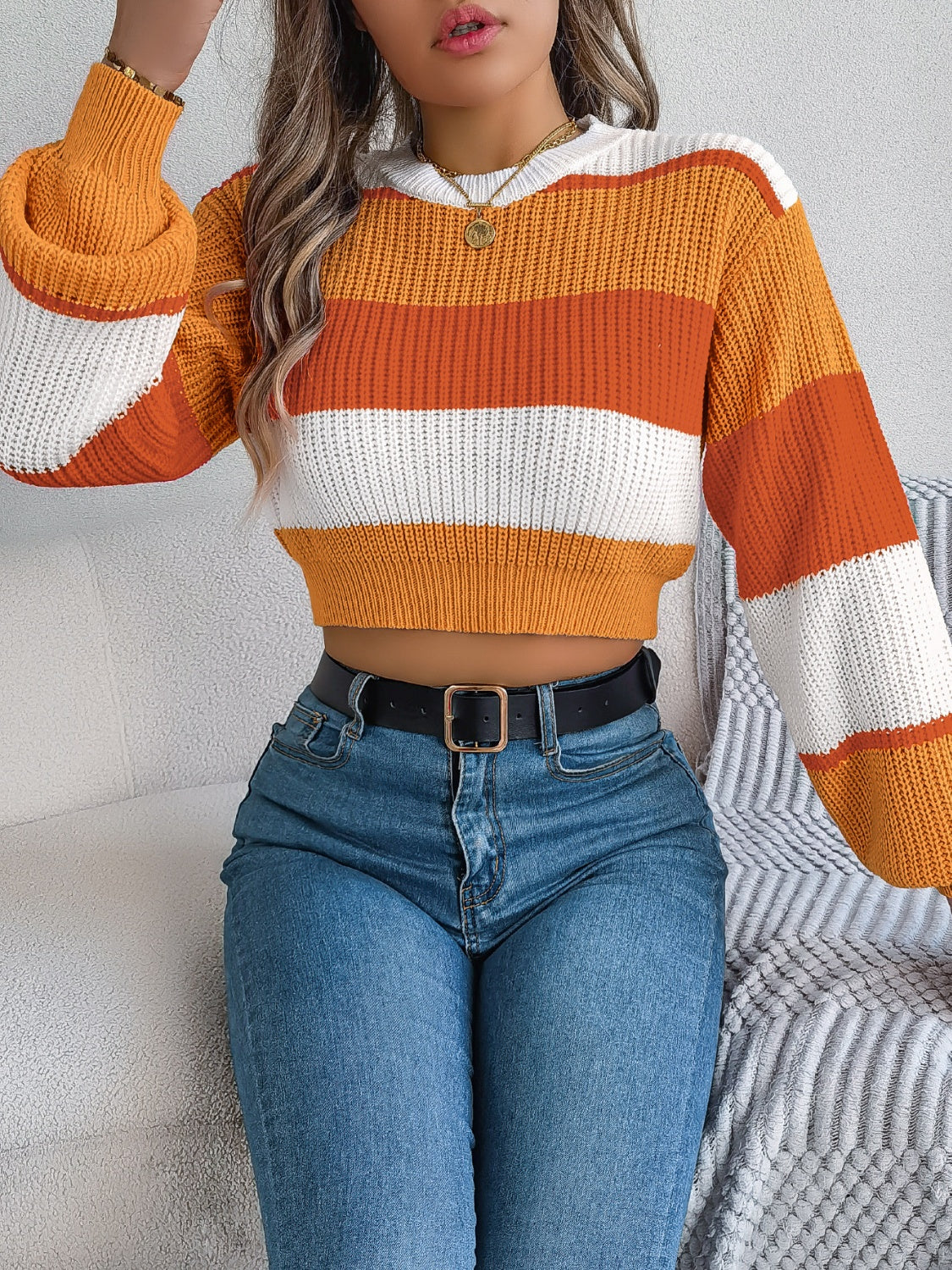 Color Block Round Neck - Cropped Sweater