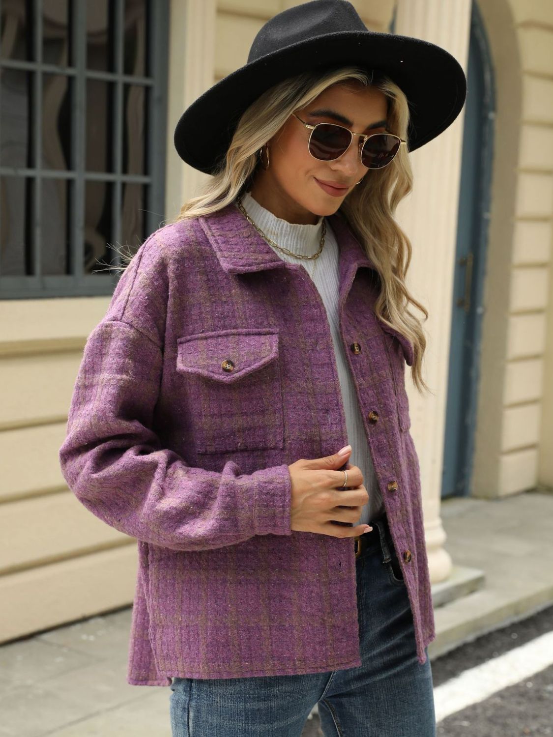 Plaid Collared Neck Long Sleeve Jacket Fashionabl