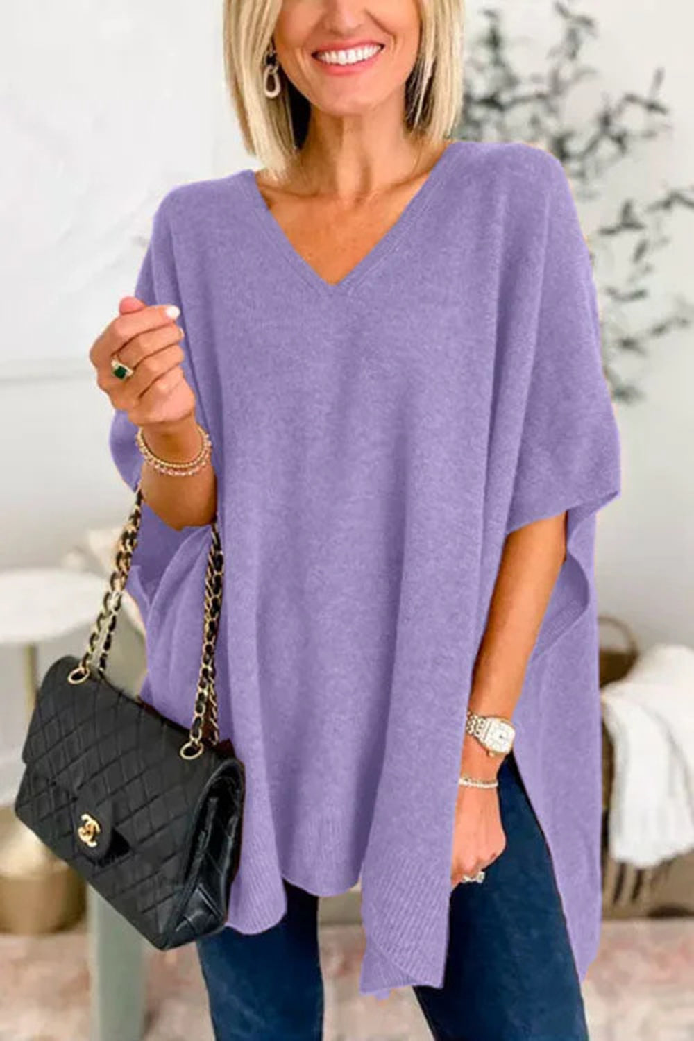 Slit V-Neck Half Sleeve Knit Top-Stylish