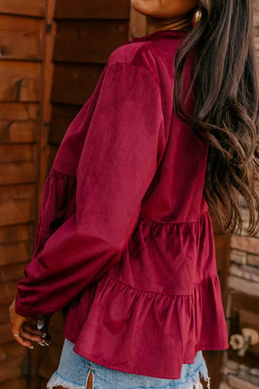 Peplum Round Neck Long Sleeve Shirt - Casual