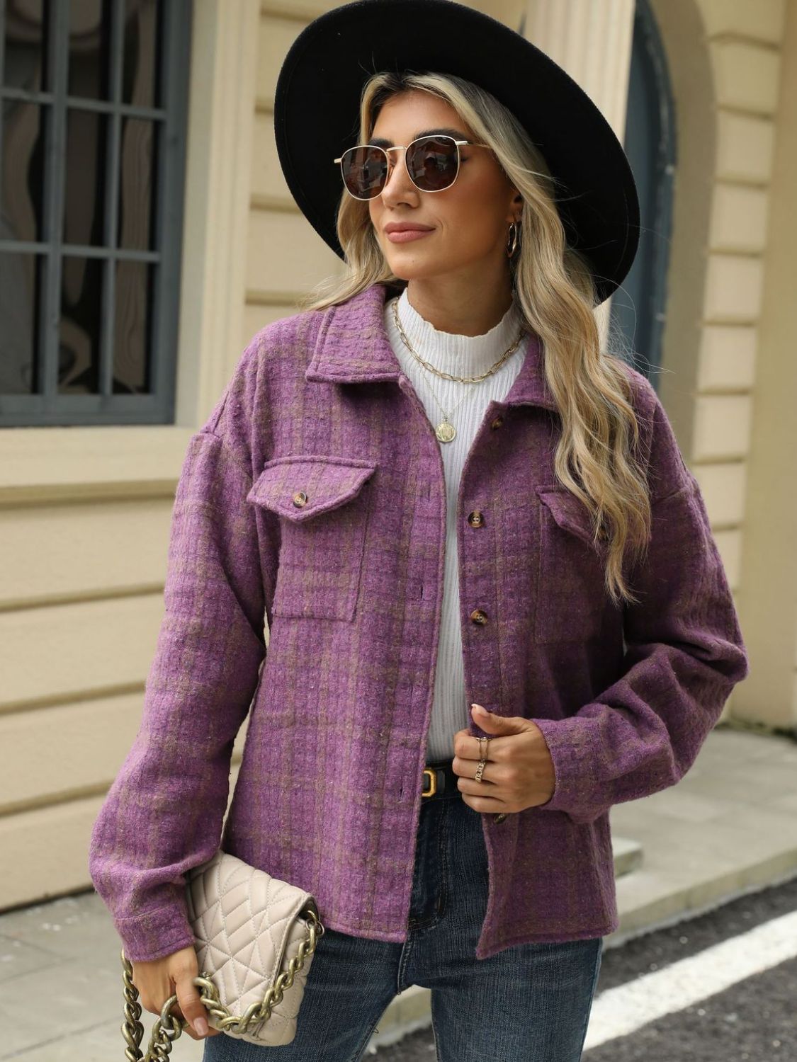 Plaid Collared Neck Long Sleeve Jacket Fashionabl