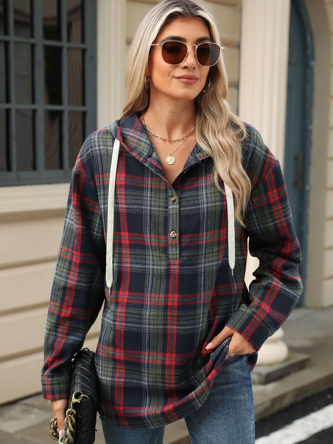 Drawstring Plaid Hooded - Long Sleeve Top