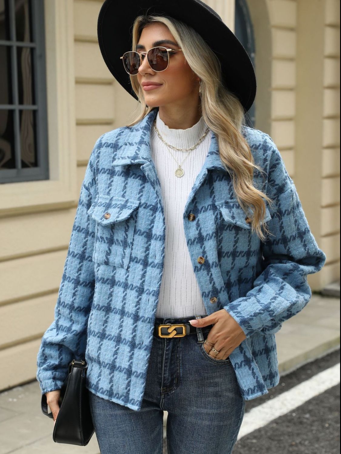 Plaid Collared Neck Long Sleeve Jacket Fashionabl