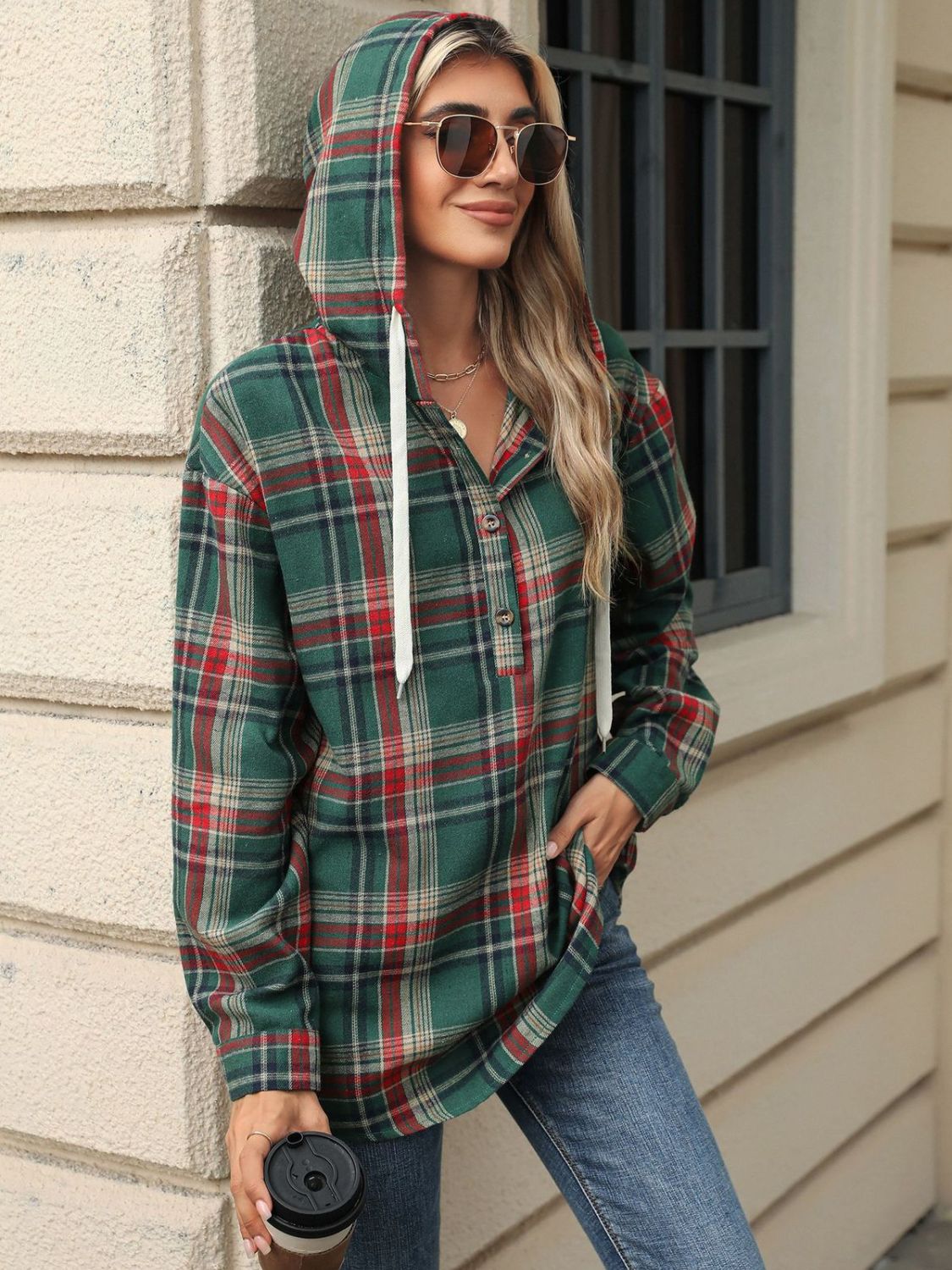 Drawstring Plaid Hooded - Long Sleeve Top