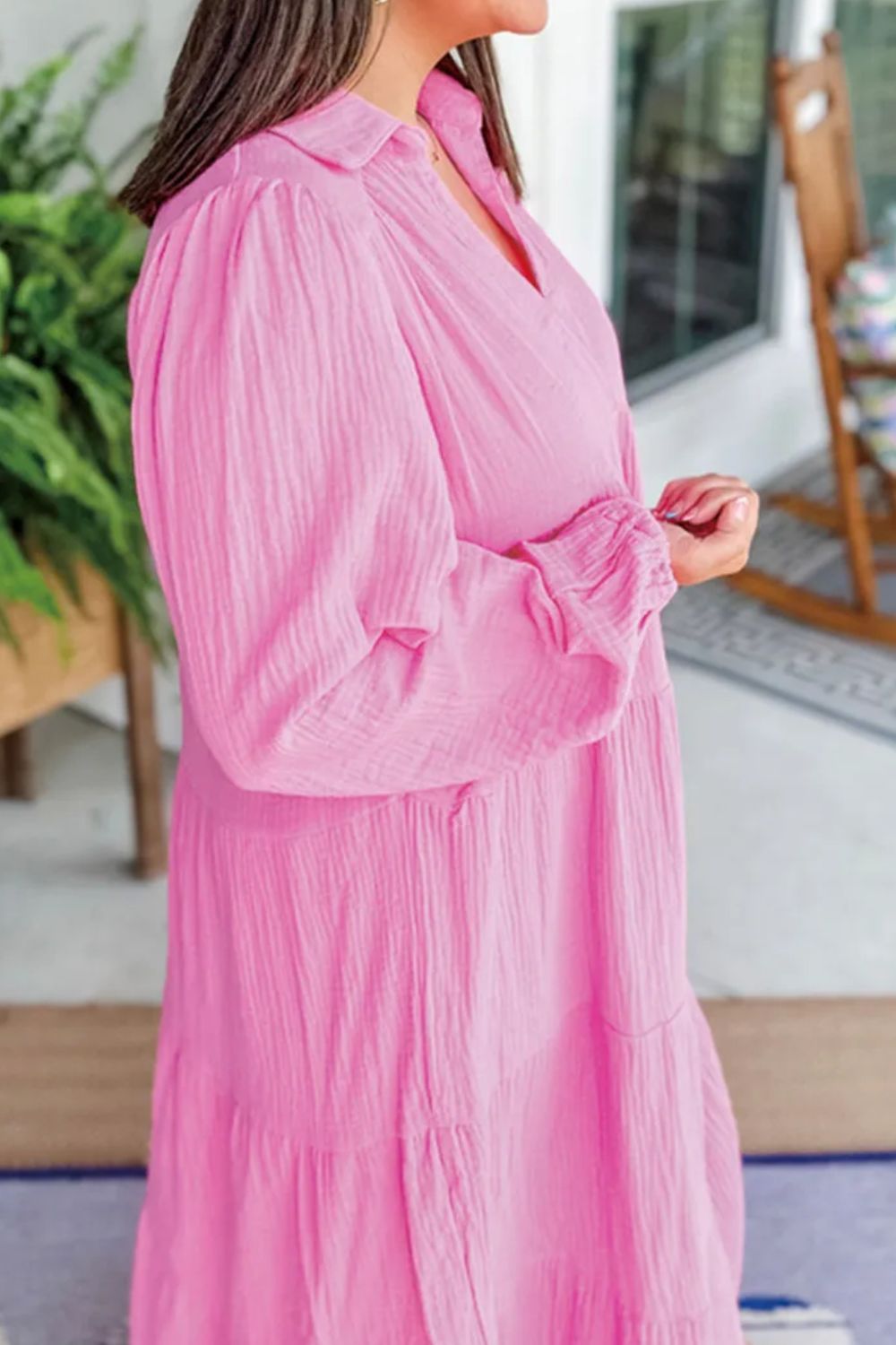 Tiered Johnny Collar Long - Sleeve - Dress