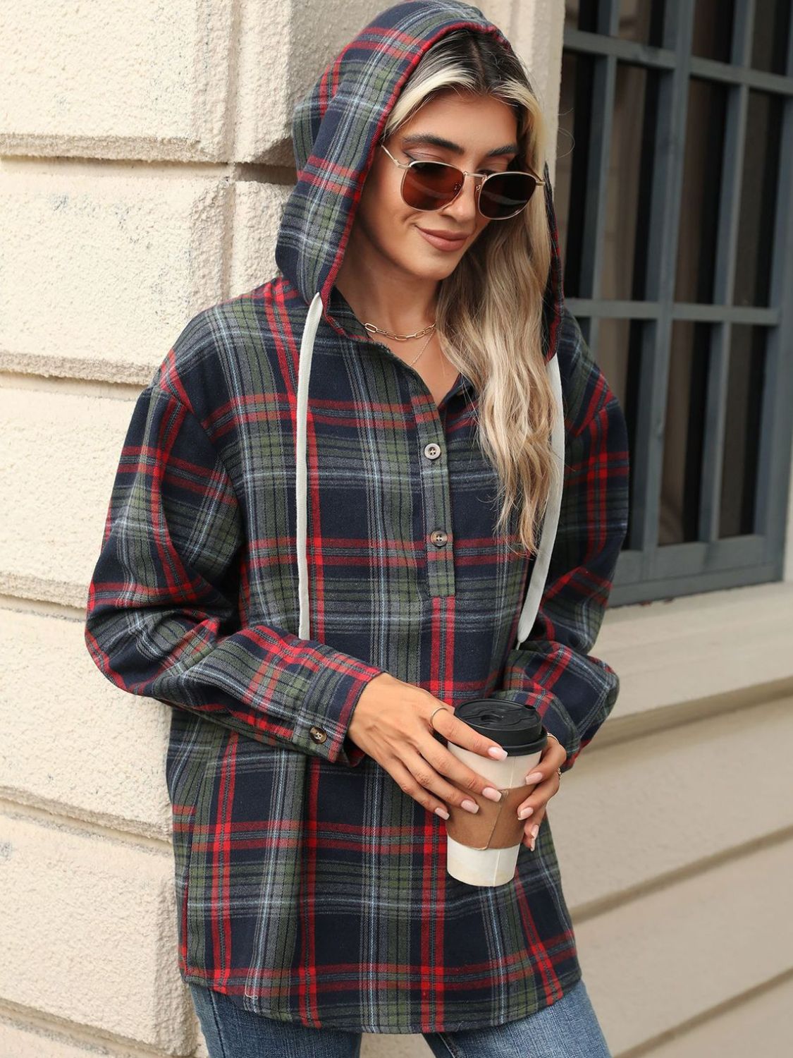 Drawstring Plaid Hooded - Long Sleeve Top