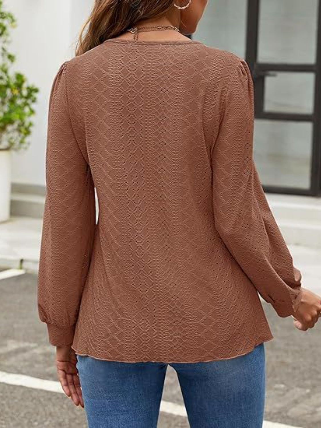 Eyelet Round Neck Long Sleeve Top-Comfortable-Fashion