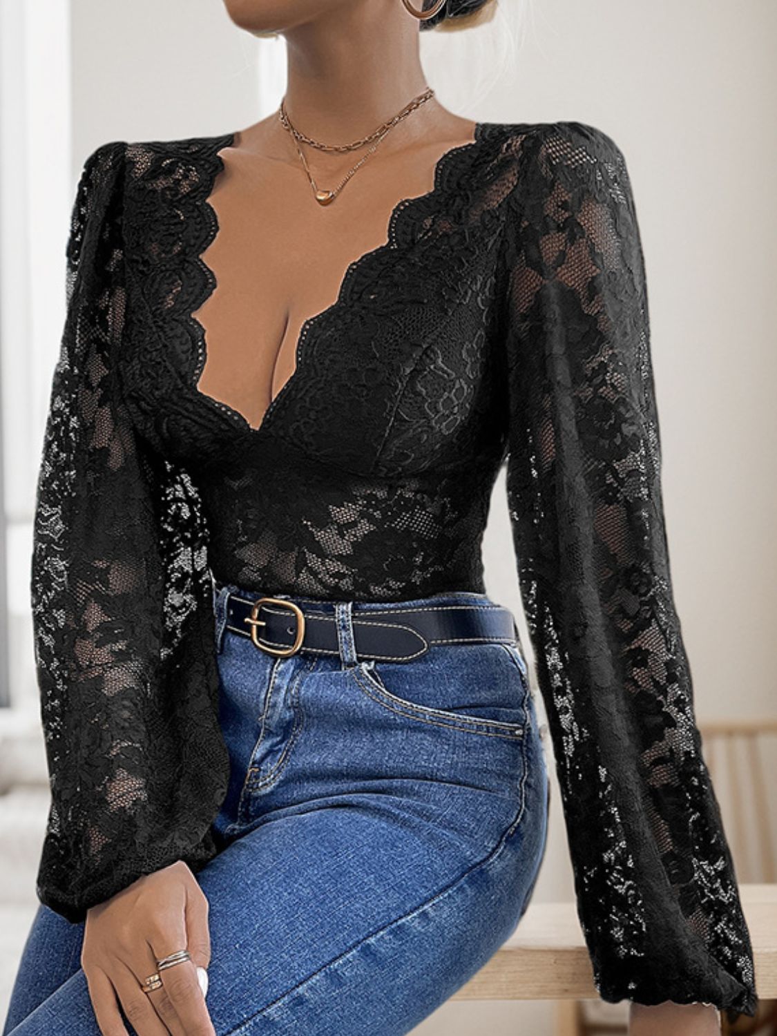 Perfee Lace Plunge - Long Sleeve Bodysuit