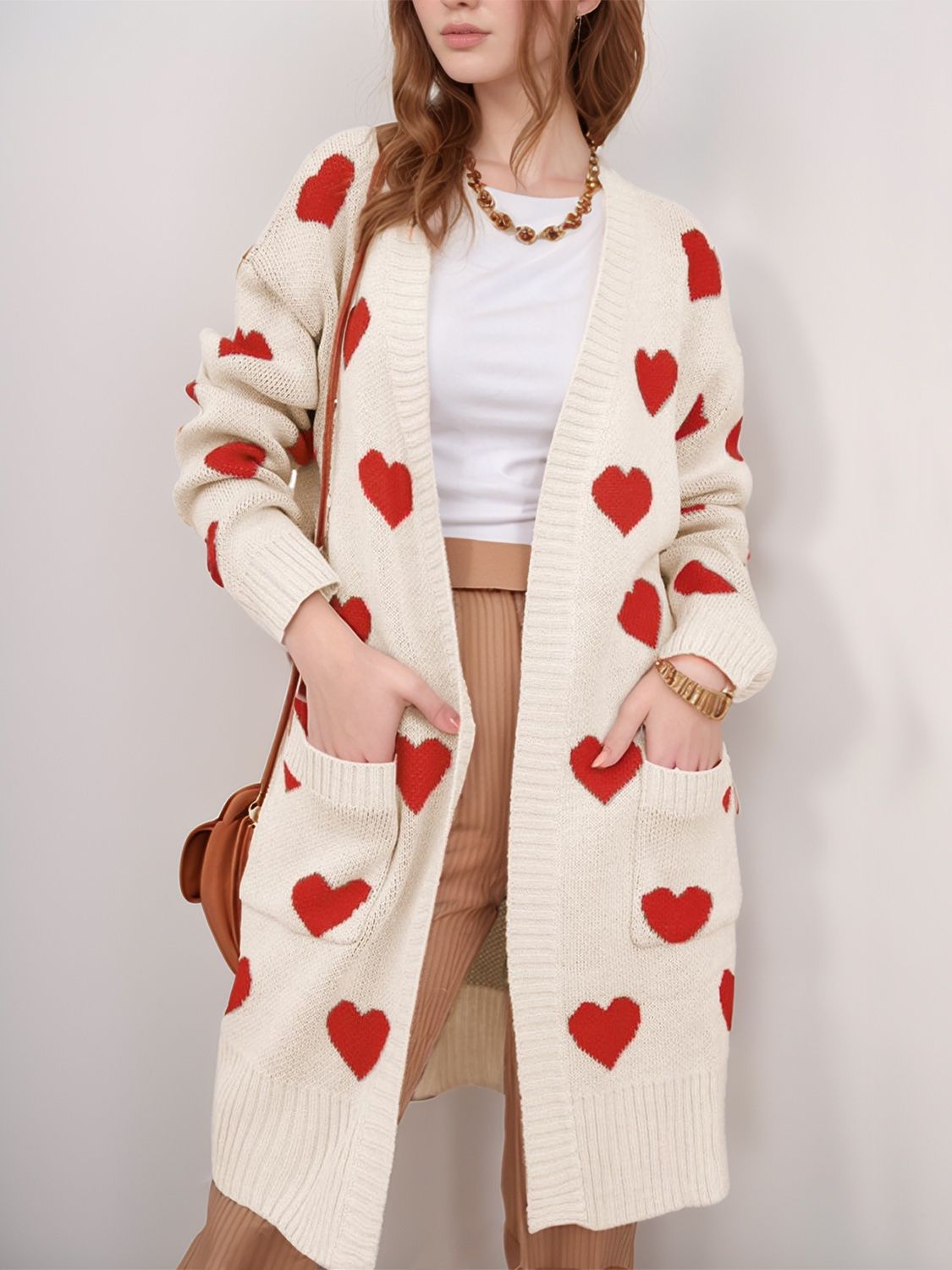 Heart Open Front Long Sleeve Cardigan Cozy
