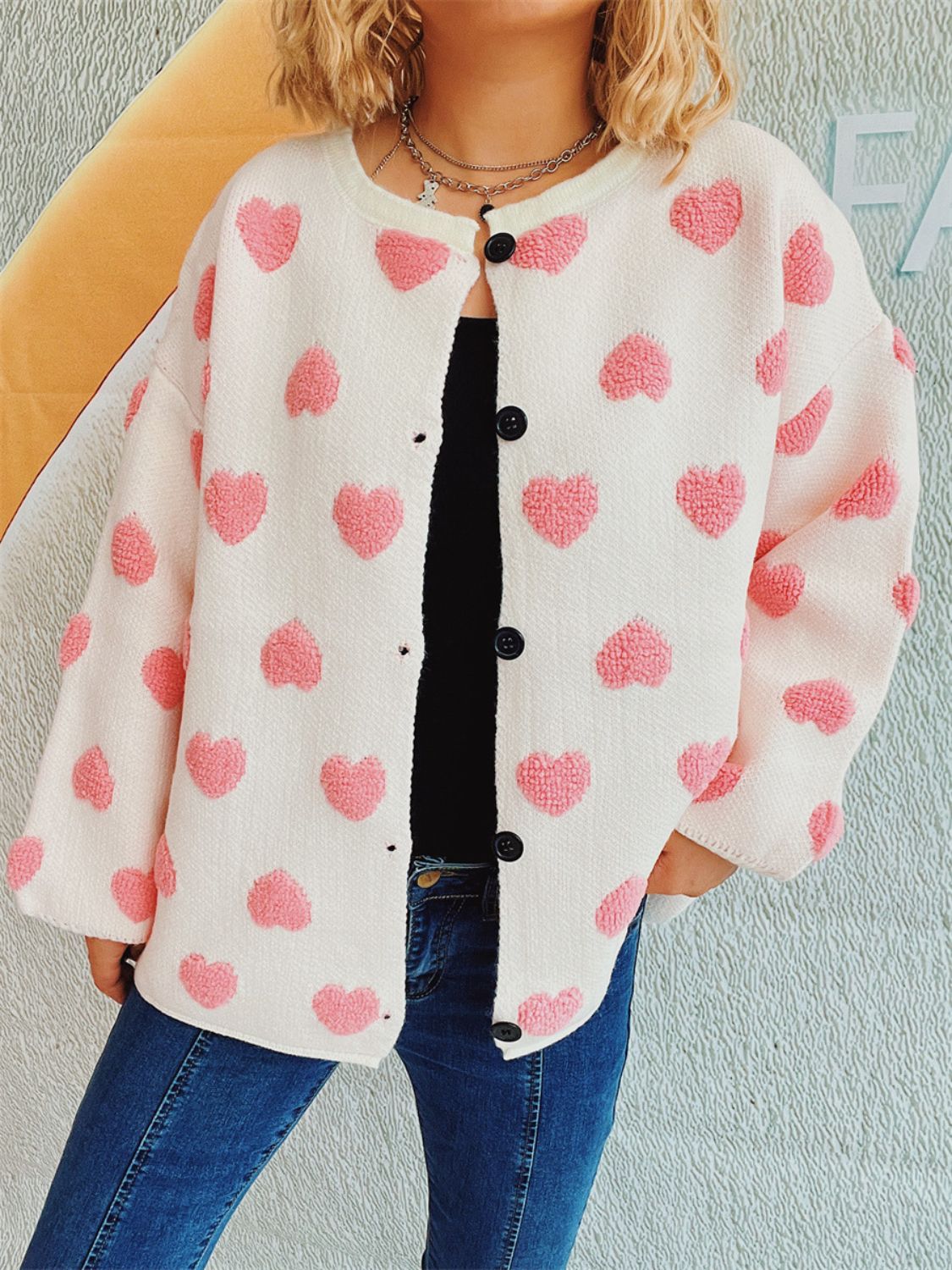 Heart Button Up Long Sleeve Cardigan-Comfortable