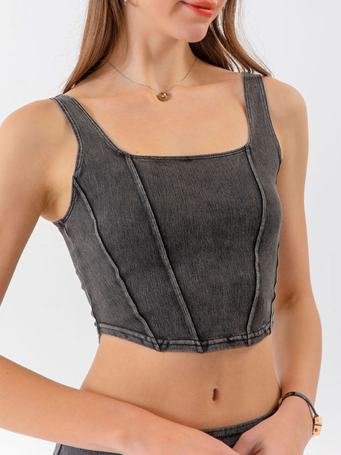 Seam Detail Cropped Denim Tank-Casual-Fashion
