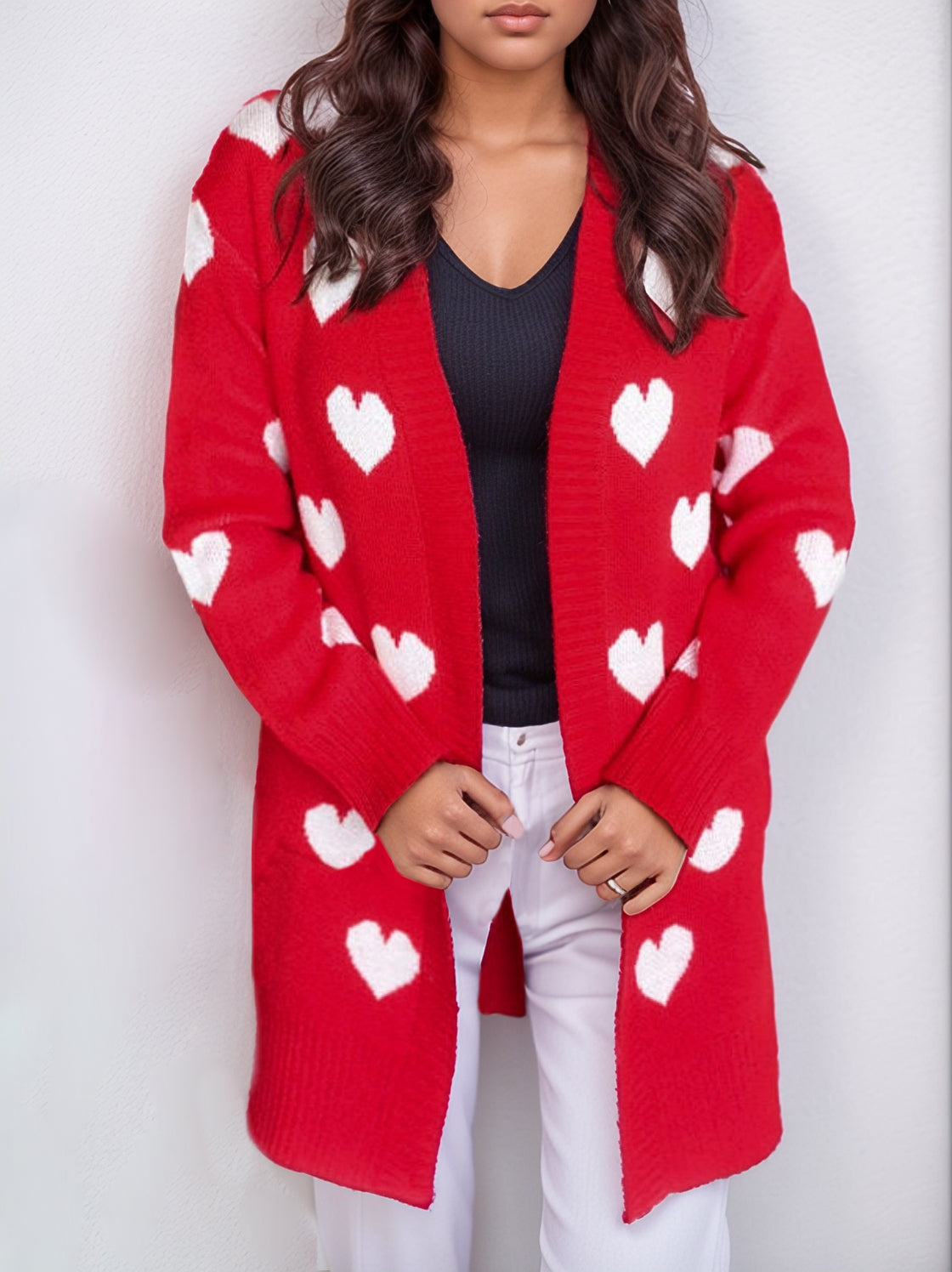 Heart Open Front Long Sleeve Cardigan Cozy