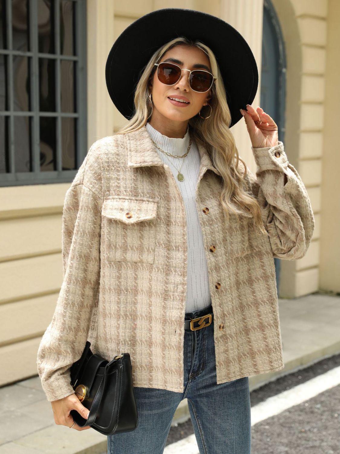 Plaid Collared Neck Long Sleeve Jacket Fashionabl