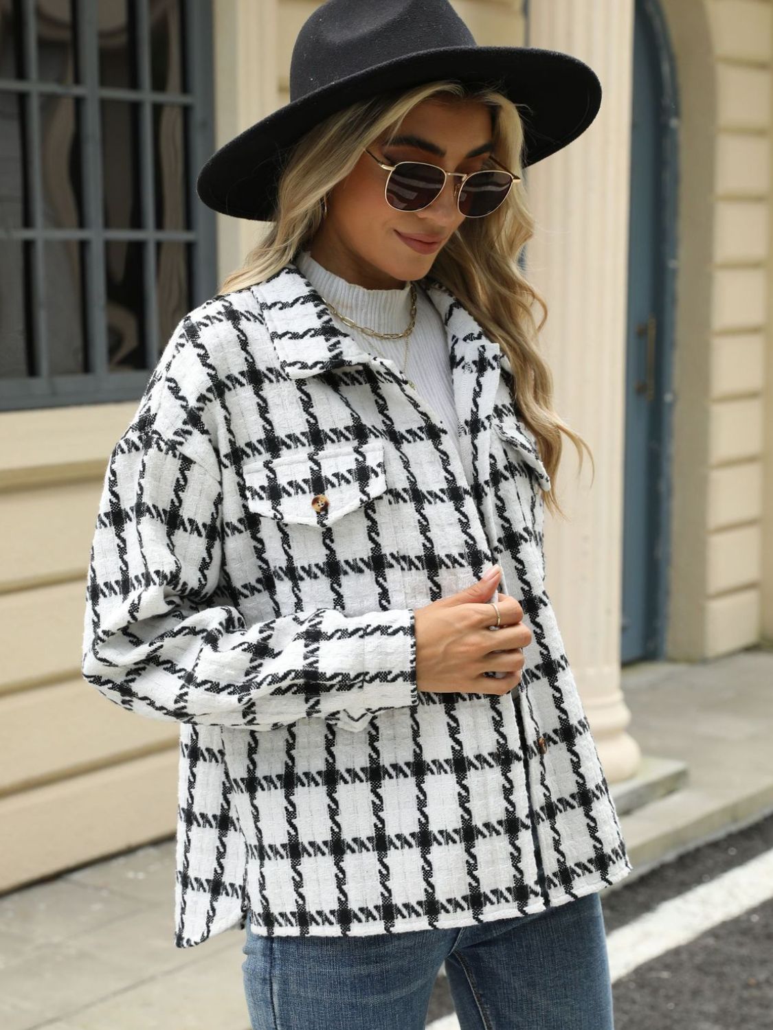 Plaid Collared Neck Long Sleeve Jacket Fashionabl