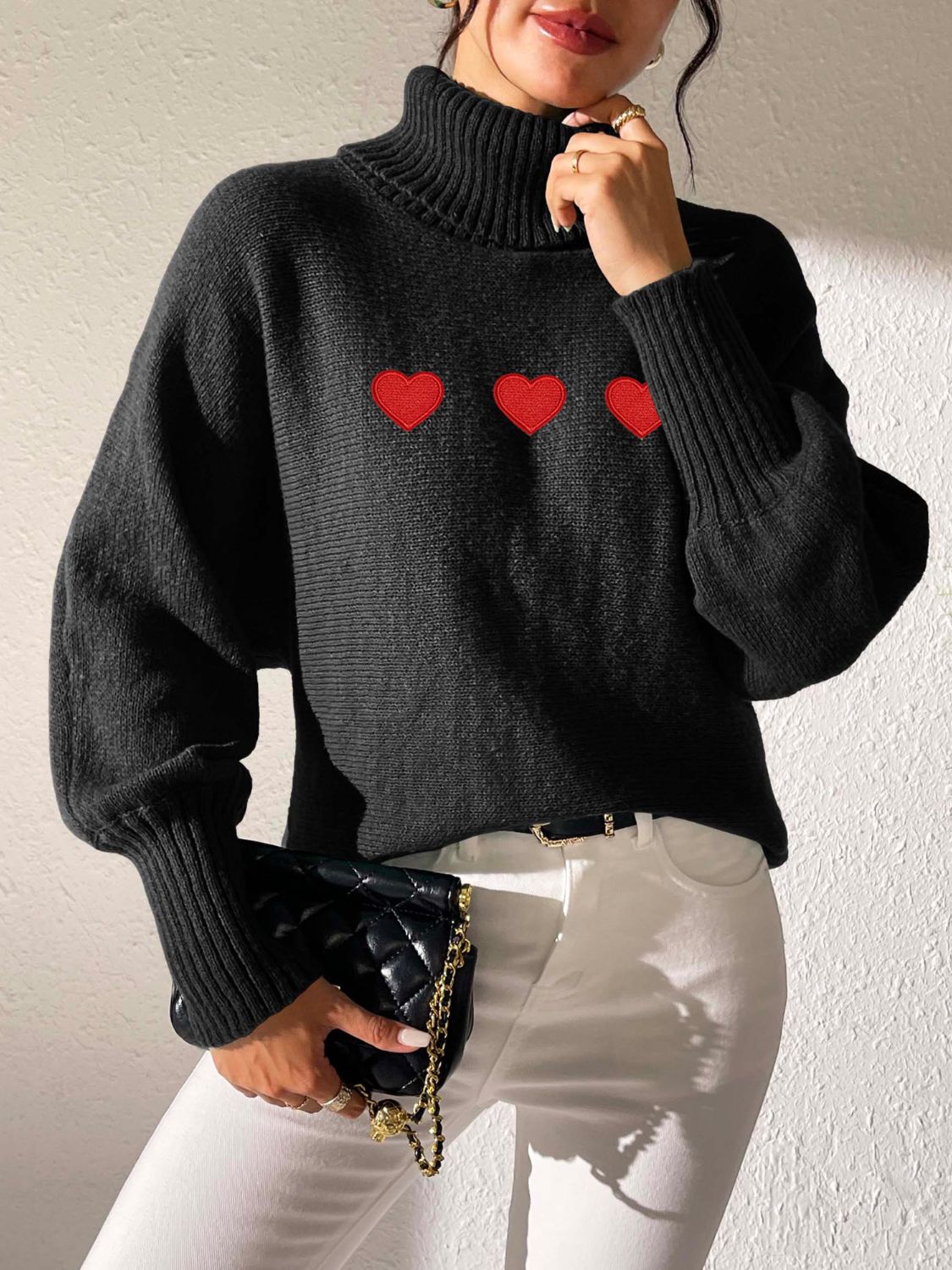Heart Turtleneck Long Sleeve Sweater-Comfortable