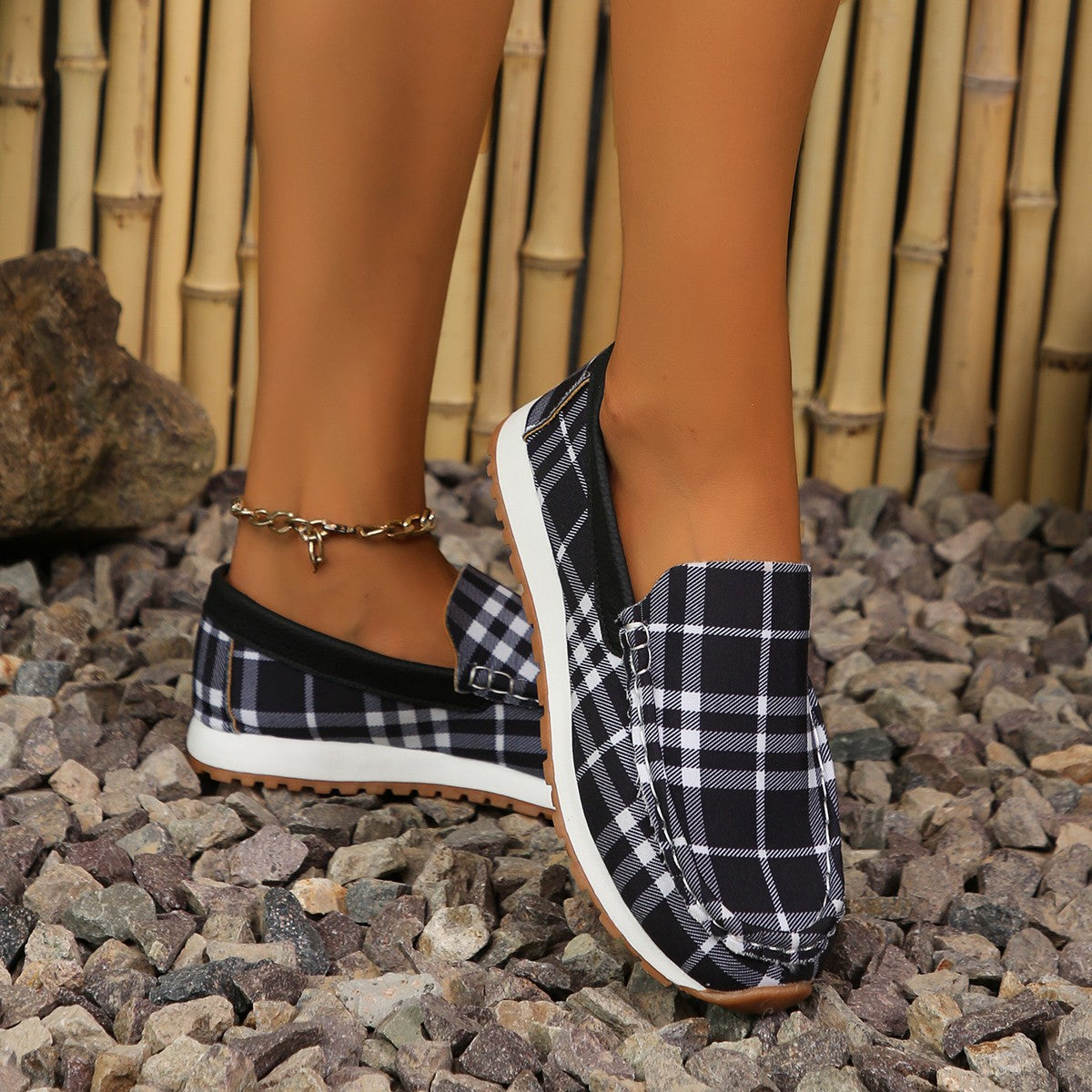 Plaid Round Toe Slip-Ons - Comfortable Fit