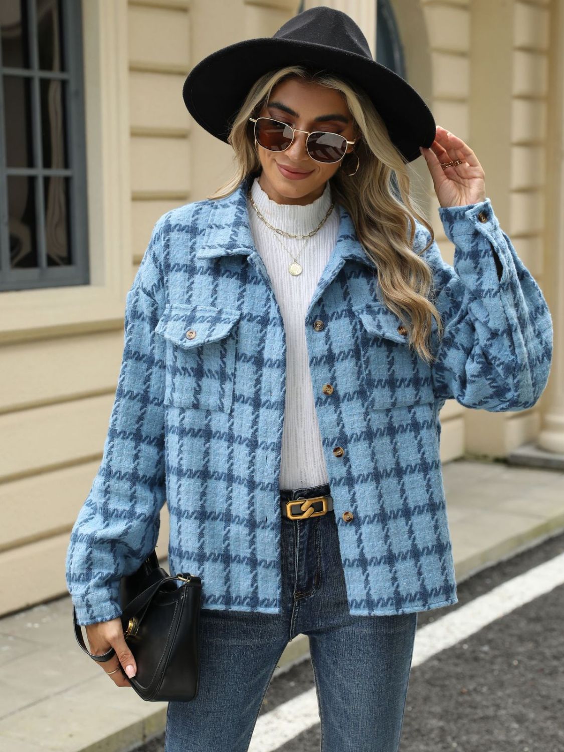 Plaid Collared Neck Long Sleeve Jacket Fashionabl