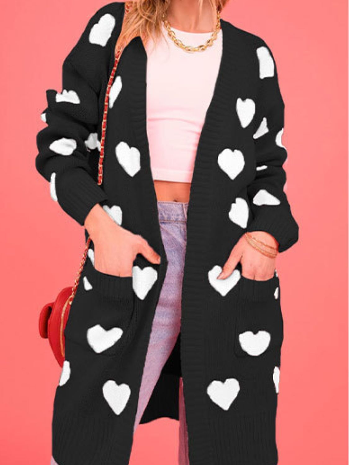 Heart Open Front Long Sleeve Cardigan Cozy