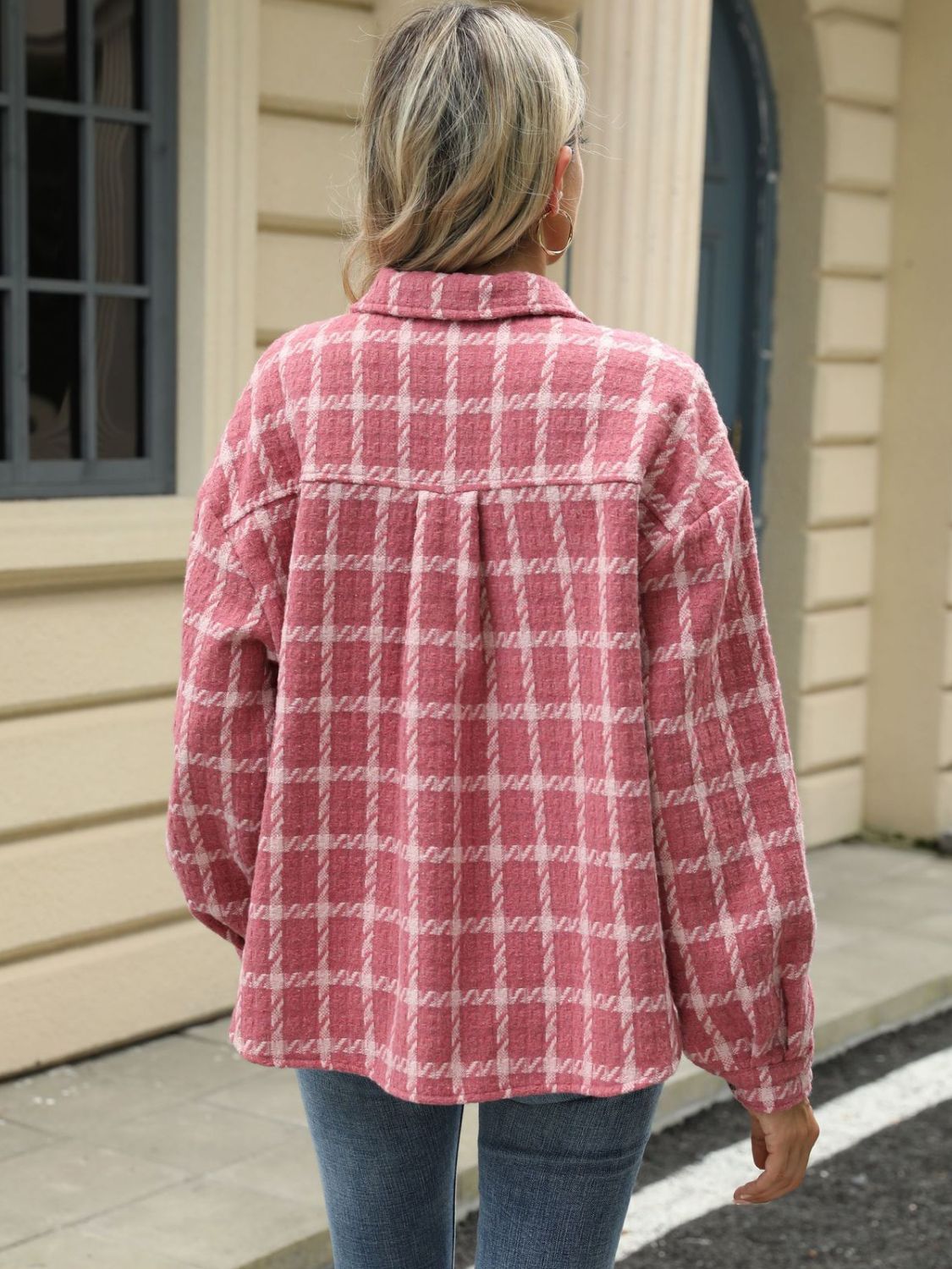 Plaid Collared Neck Long Sleeve Jacket Fashionabl